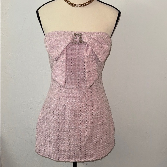 NWOT Tweed Pink Strapless Dress With Bow - Picture 3 of 6